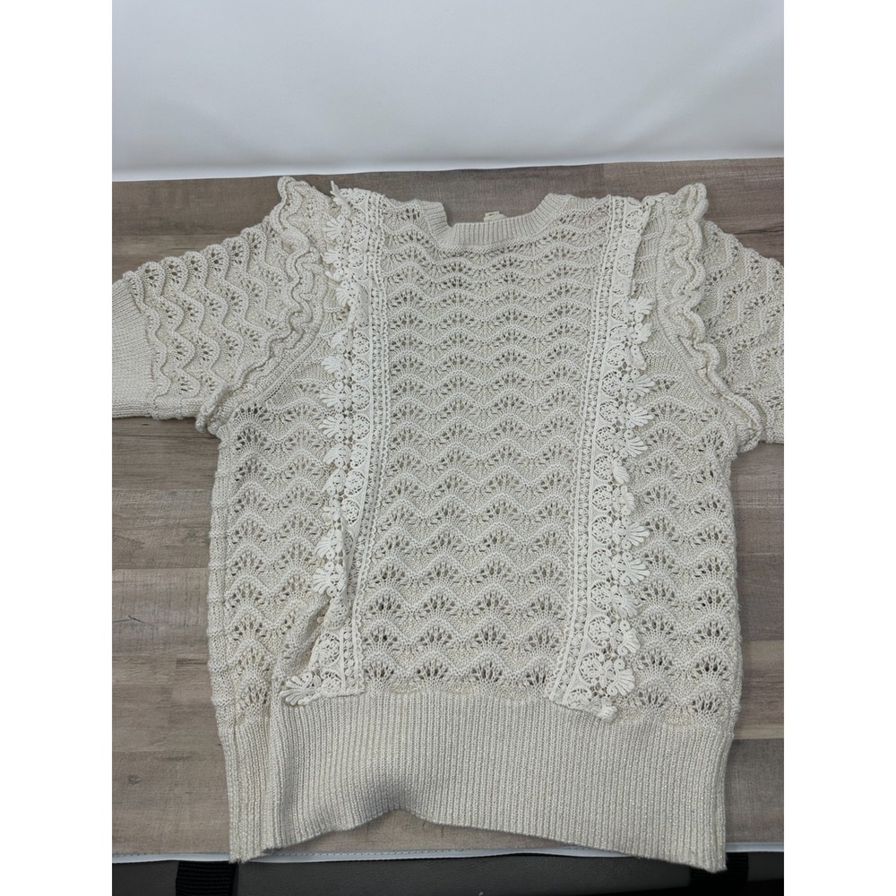 Anthropologie Kachel Shimmer Crochet Short Sleeve Sweater Size Small Offwhite - Picture 11 of 11